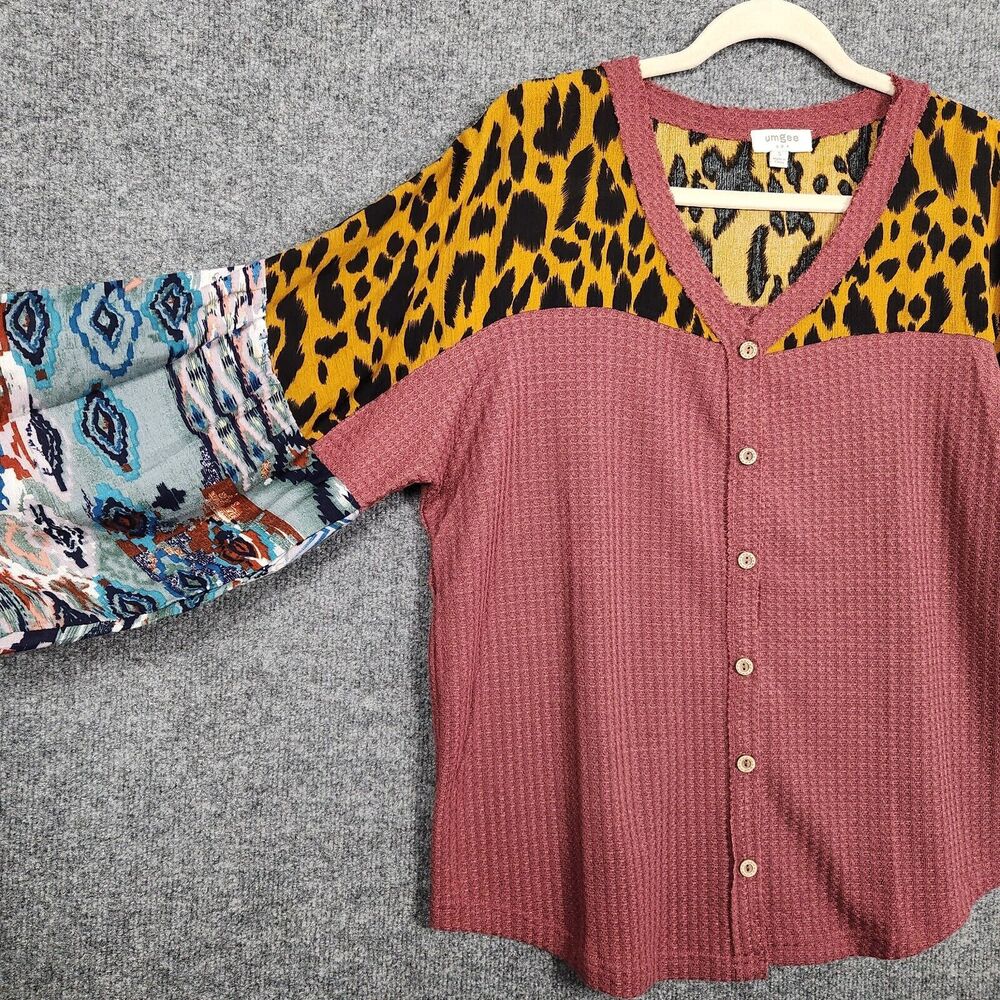 UMGEE Red Waffle Knit Cheetah Mixed Print Boho Button Top Comfortable SIZE SMALL - Picture 6 of 13